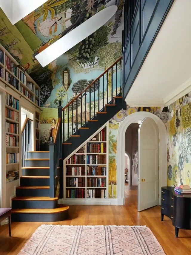 a cozy home library near the staircase