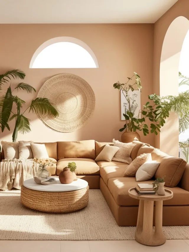 a living room with a earthy-tone walls and plant decor
